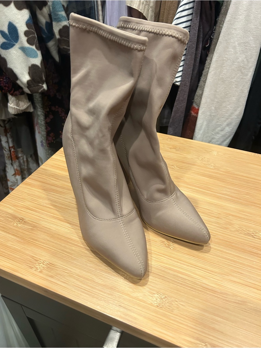 No Doubt Beige Nude Sock Ankle Boots Block Heel Pointed Toe Booties - Picture 3 of 4